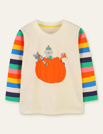 Halloween Pumpkin Printed Rainbow Striped T-shirt - Mini Berni